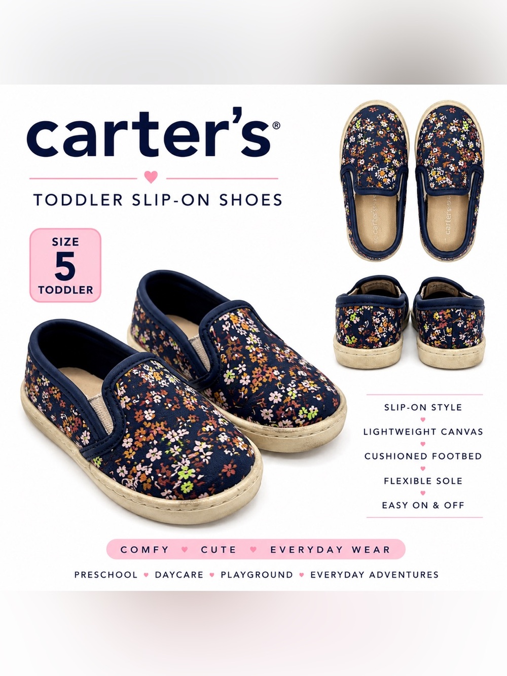 Carter’s Toddler Floral Slip-On Shoes Size 5 Navy Canvas Sneakers - Picture 1 of 7
